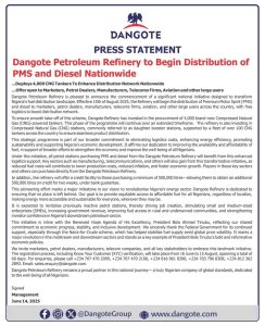 Dangote Refinery to Kick Off Nationwide PMS and Diesel Distribution August 15 – 4,000 CNG Tankers Deployed